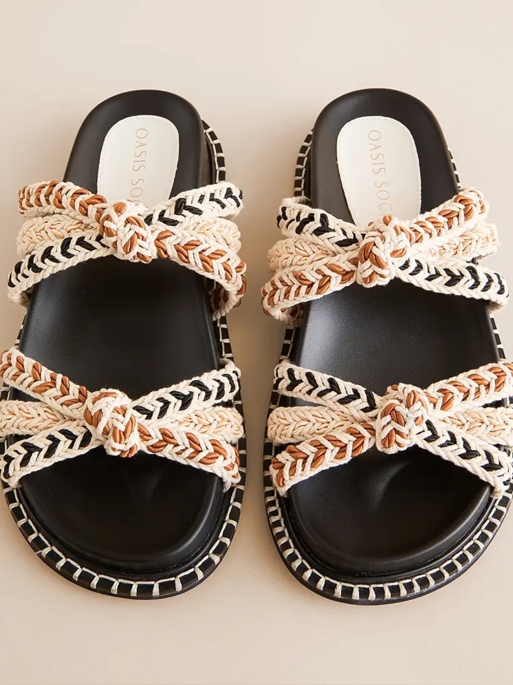 Oasis Black Slide Sandals with Natural Braided Straps